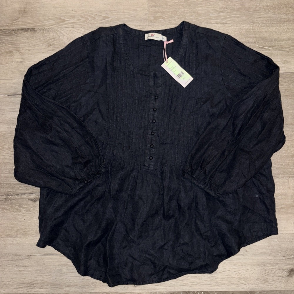 Vineyard Vines Linen Pintuck Pullover Tunic Shirt Women's 2XL Black NWT